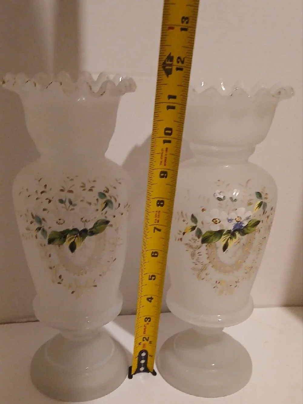Antique Victorian Era Opaline Glass Vases with Hand-Painted Floral 1880-1890s